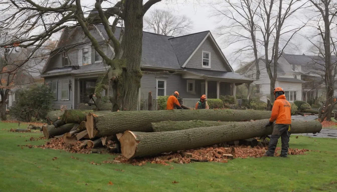 Local provider crew securing and clearing a fallen tree beside a house in Seven Mile after a storm