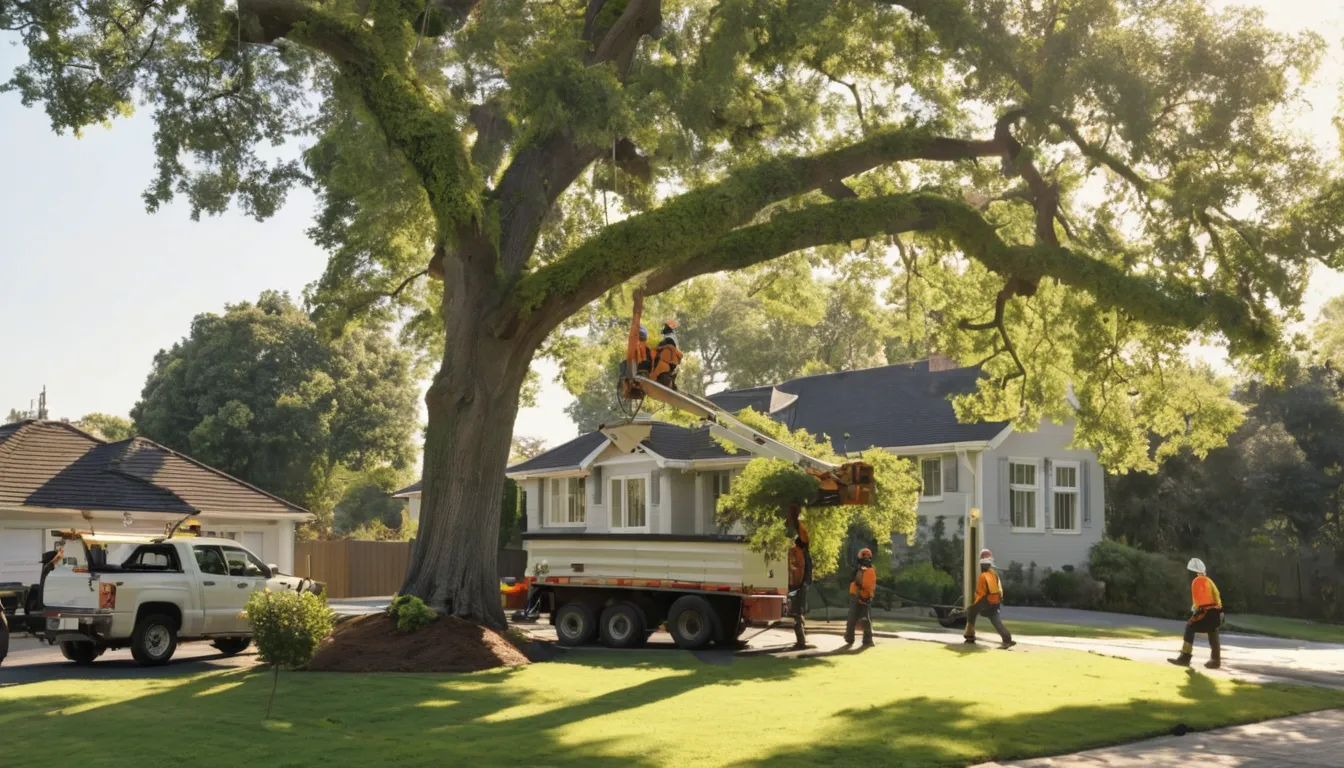 A local provider crew safely lowering a large tree section in a Seven Mile backyard near a frame house
